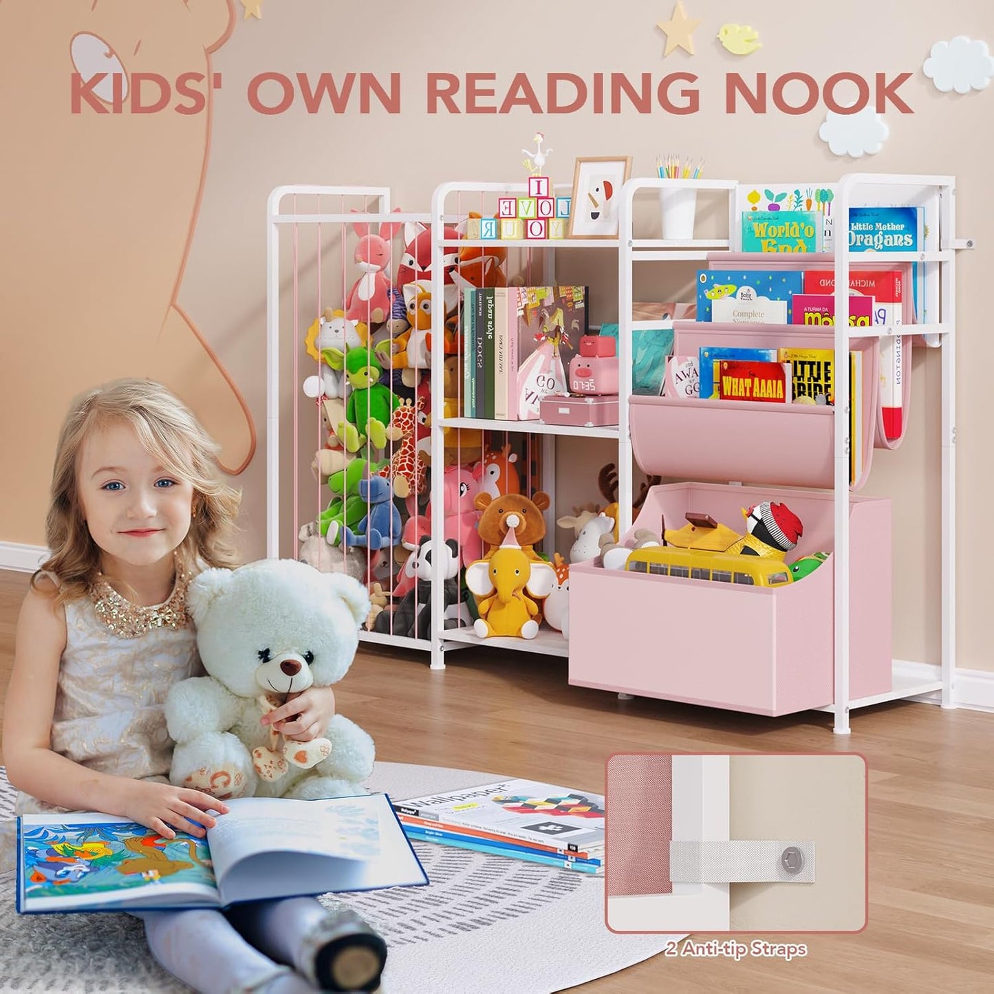 3In1 Stuffed Animal Storage Organizer - Toy Storage with Kids Bookshelf & Large Plushies Holder for Kids Room - Multi-Functional Furniture for Nursery, Bedroom, and Playroom, Pink