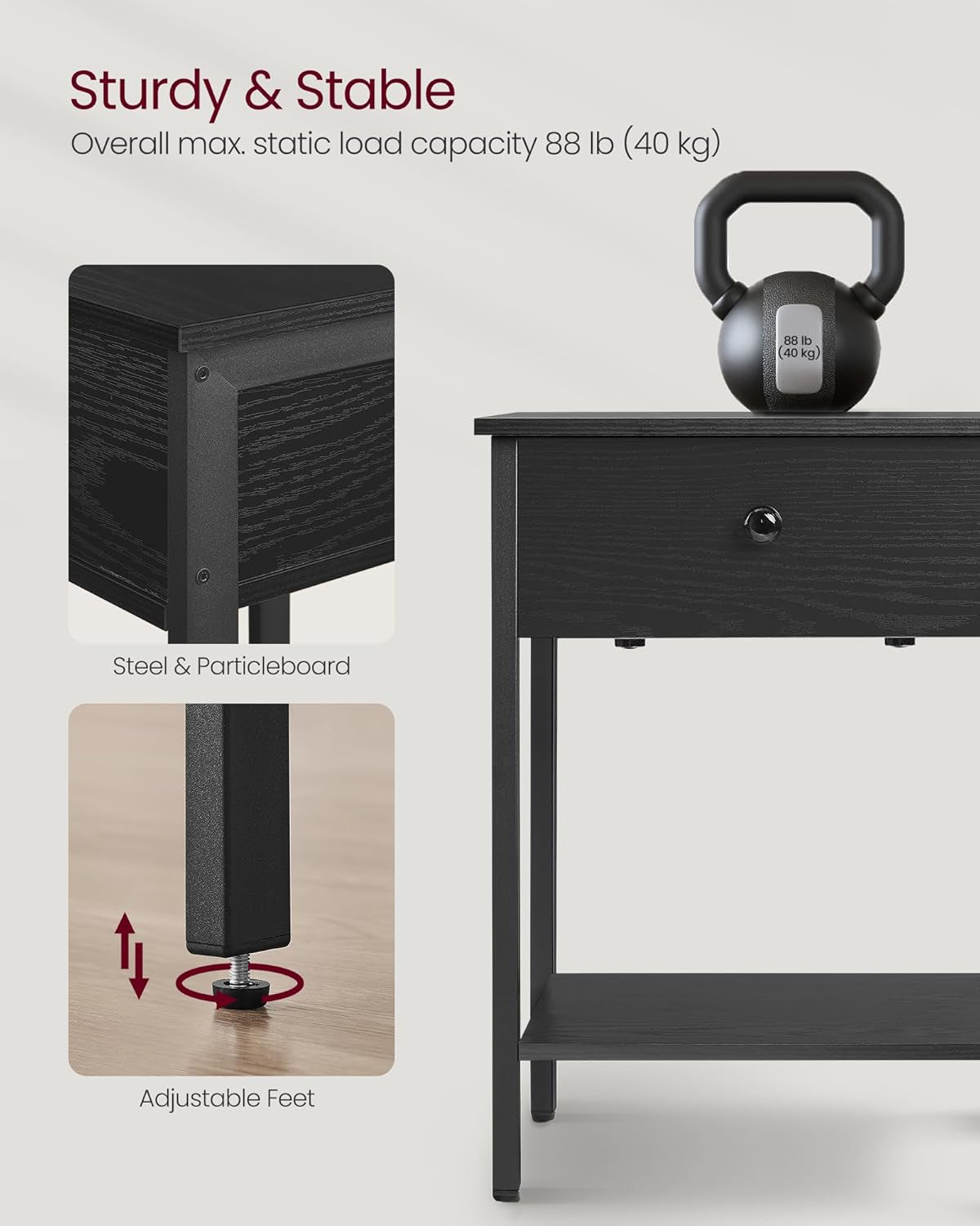 Nightstand, End Table, Side Table with Drawer and Shelf, 15.7 X 15.7 X 21.7 Inches, Bedroom, Steel Frame, Easy Assembly, Modern, Ebony Black ULET055B56