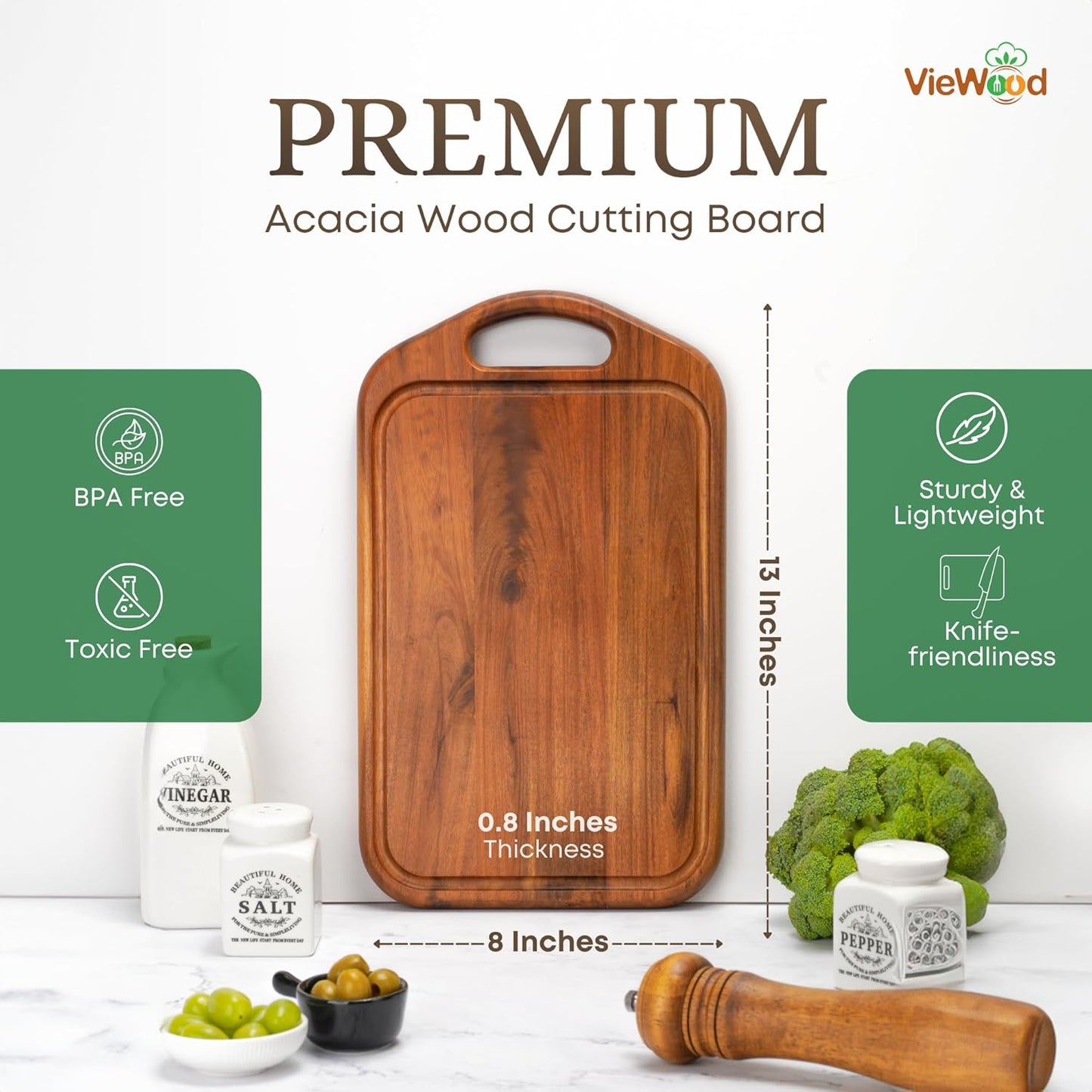 Acacia Wood Cutting Board with Juice Groove, Hanging Hole & Grip Handle for Meat, Vegetables and Cheese, Knife Friendly, Caperci Better Wood Chopping Board