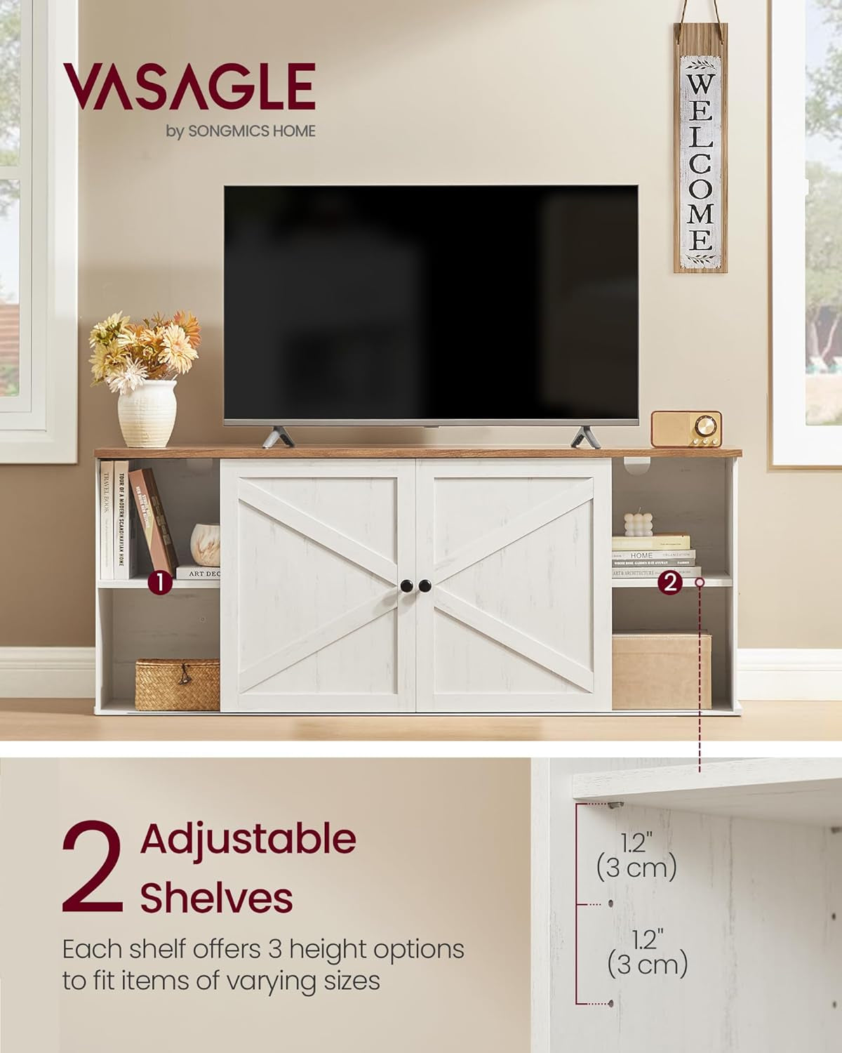Fireplace TV Stand for Tvs up to 65 Inches, 18-Inch Electric Fireplace with Remote, Farmhouse Entertainment Center, Media Console Table for Living Room, Rustic White and Honey Brown ULTV540W01