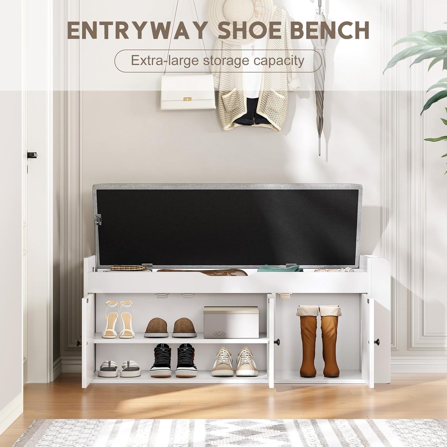 42.6" Storage Bench - Entryway Shoe Bench with Side Storage Shelves and 3 Doors, Multifunctional Entryway Bench with Lift Top Cushion, Shoe Storage Bench for Bedroom, Living Room, White