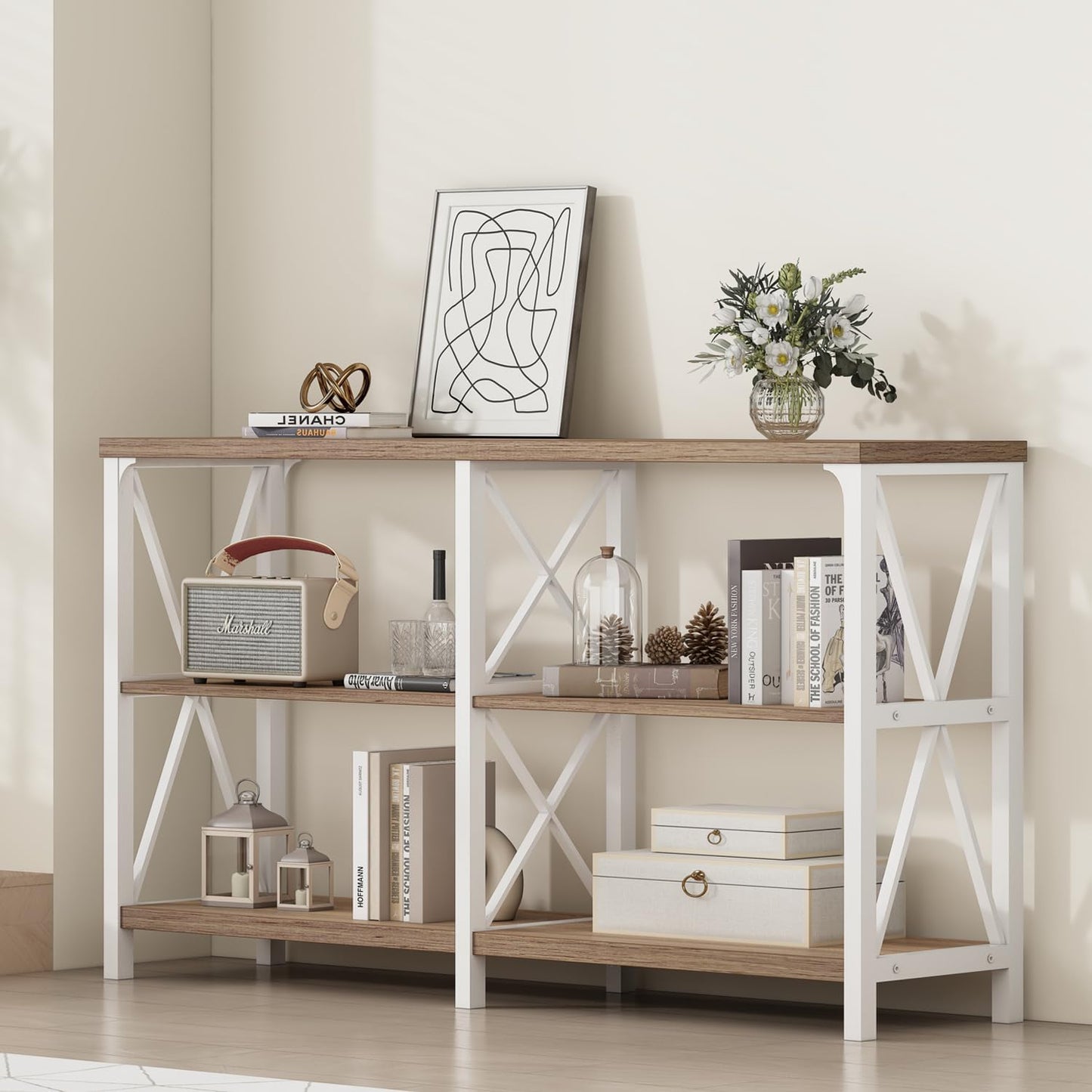 White and rustic oak farmhouse console table with storage shelves, view 9