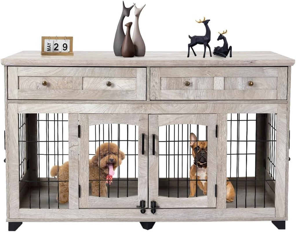 58" Dog Crate Furniture with 5 Doors & 2 Drawers, Wooden Indoor Pet House Kennel for 2 Dogs (Large/Medium Breeds), Openable Divider, Heavy Duty Double Dog Cage, TV Stand End Table,Grey