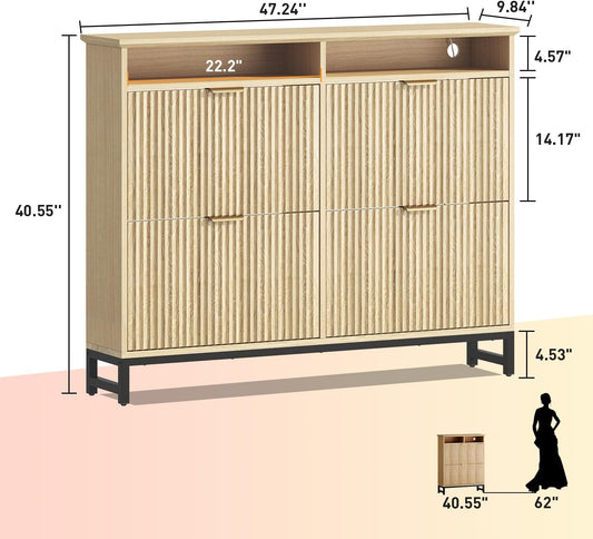 Fluted Shoe Storage Cabinet with 4 Flip Drawers, 47.24" Narrow Shoe Organizer Cabinet with LED Light, Slim Freestanding Shoe Rack Cabinet, Wooden Hidden Shoe Cabinet for Entryway, Hallway(Natural Oak)