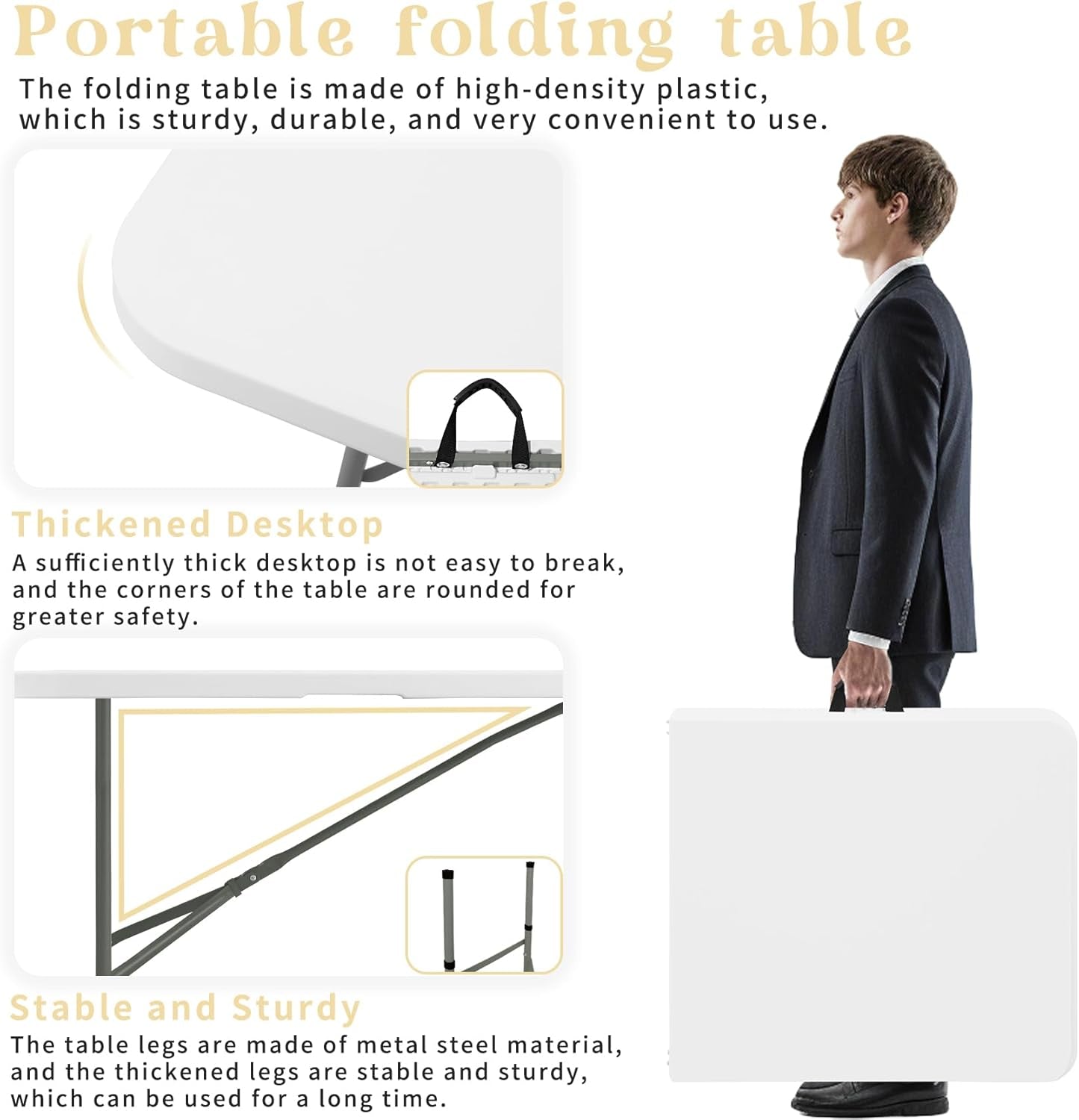 Folding Table 4FT Camping Table Portable Heavy Duty Plastic Rectangular Outdoor Dining Table Steel Legs Fold-In-Half with Carrying Handle for Indoor,Picnic,Party,Wedding,Events(White)