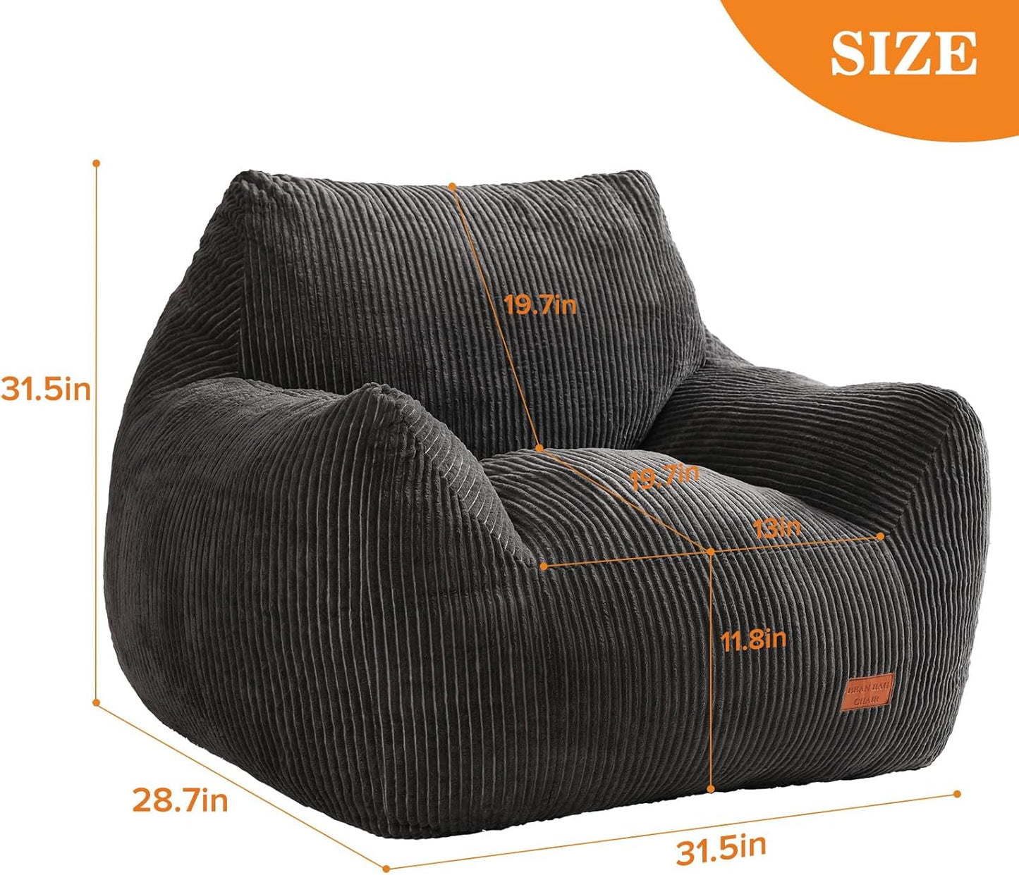 Big Bean Bag Chair for Adults & Kids, Ultra Soft Living Room Bean Bag with Armrests, Stuffed Beanbag Floor Sofa for Napping, Gaming, Lounging, Dark Gray