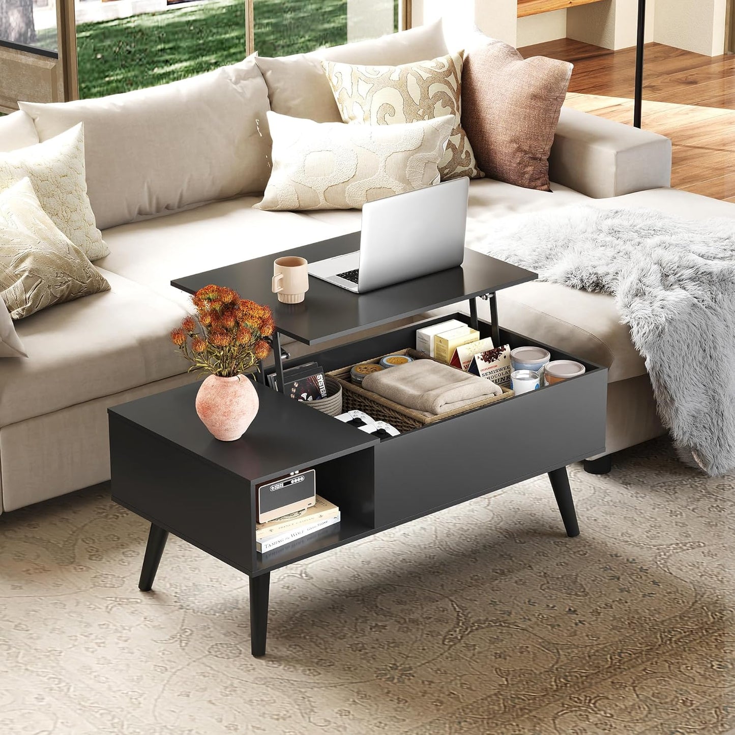 Coffee Table for Living Room, Lift Top Coffee Table with Storage, Small Rising Wooden Dining Center Table with Storage Shelf & Hidden Compartment, 39" Black