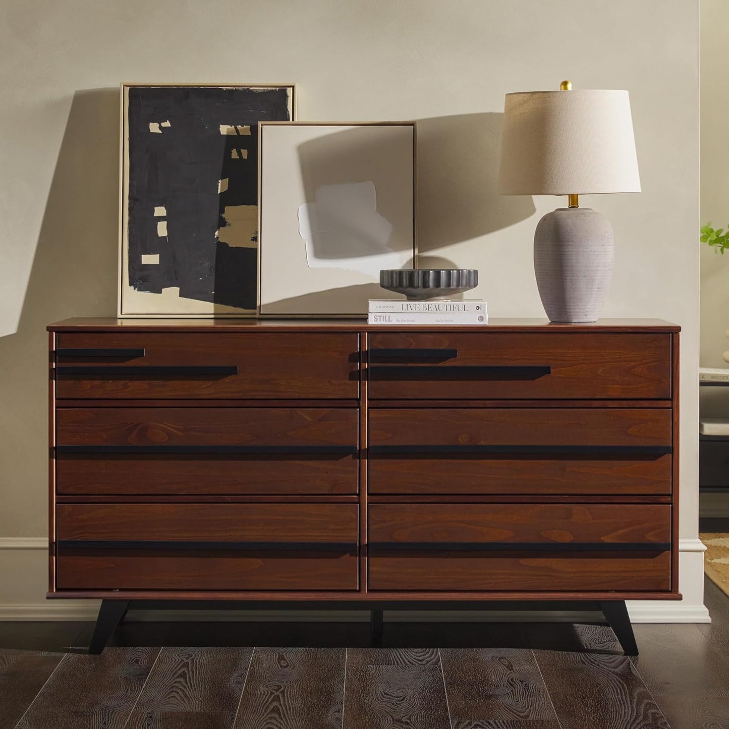 Malhia Contemporary Minimalist Solid Wood 6-Drawer Dresser, 60 Inch, Walnut