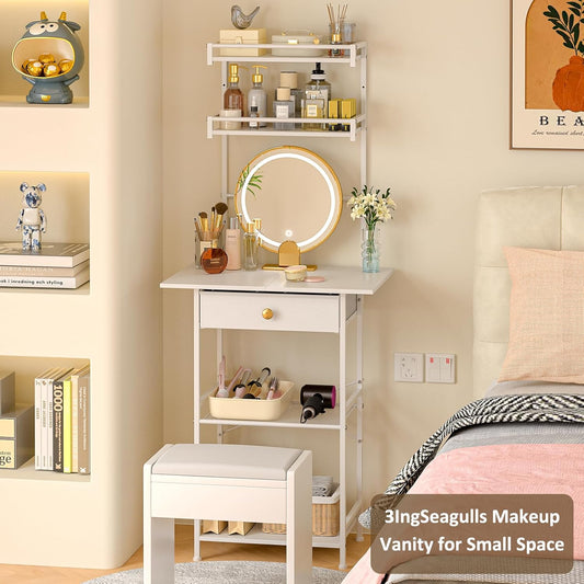 Small Vanity Desk without Mirror, Makeup Vanity Table for Small Space, Compact White Dressing Table with Fabric Drawers, Makeup Vanity with Storage for Bedroom, White, 23.6In(W)