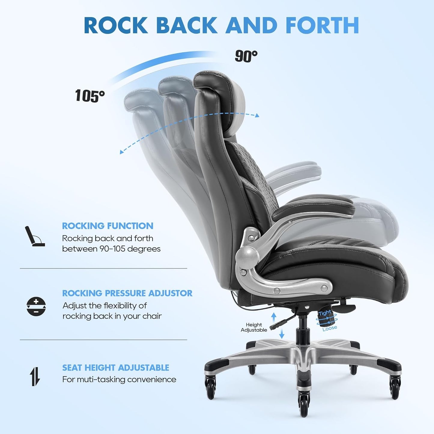 Office Ergonomic Desk High Back Executive Chair with Pop-Out Lumbar Support, Upgraded Casters, Adjustable Headrest, Flip-Up Arms, Leather Home with Thick Cushion for Comfort - Black
