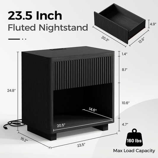 24" Wide Night Stands for Bedrooms Set of 2 with Charging Station, Wood Fluted Nightstand Set of 2 with Drawer and Outlet, 2Pcs Bedside Table for Bedroom