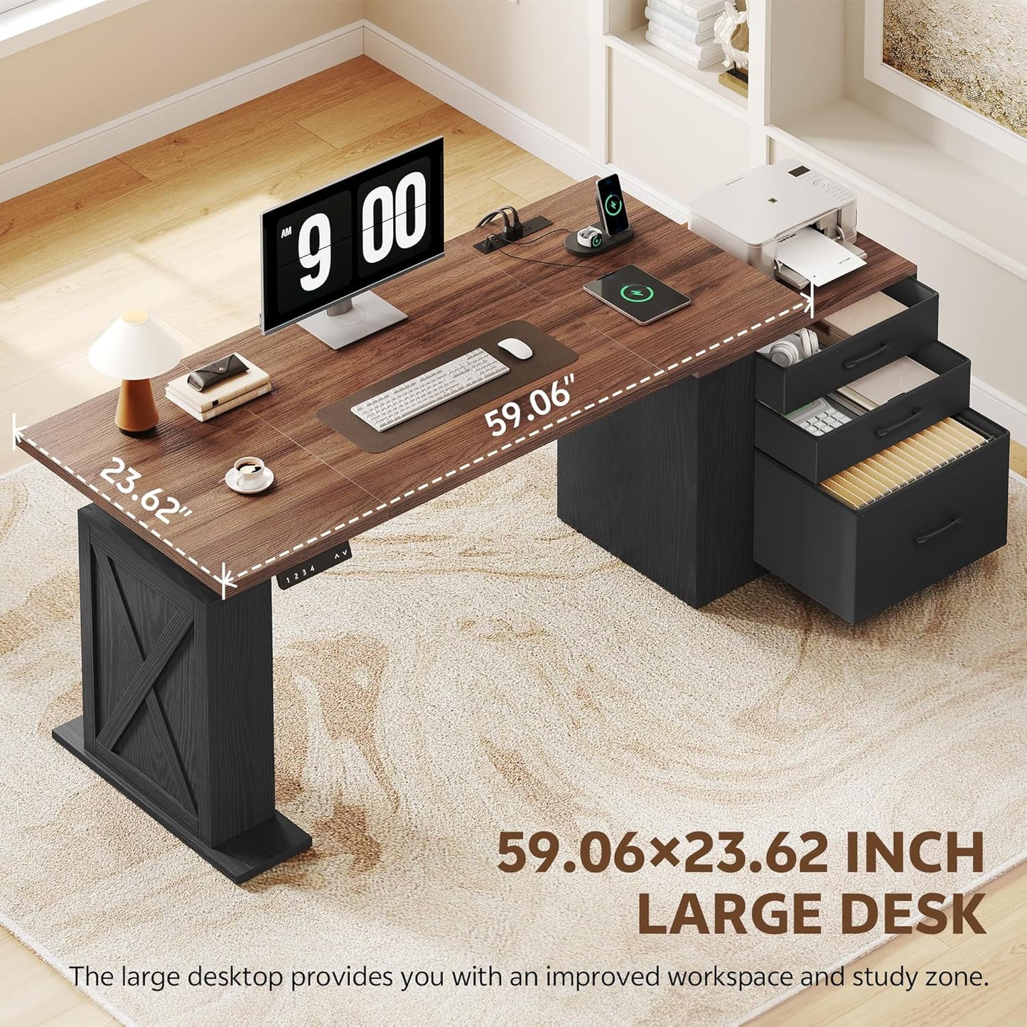 Black and walnut farmhouse electric standing desk with drawers and power outlets, view 8