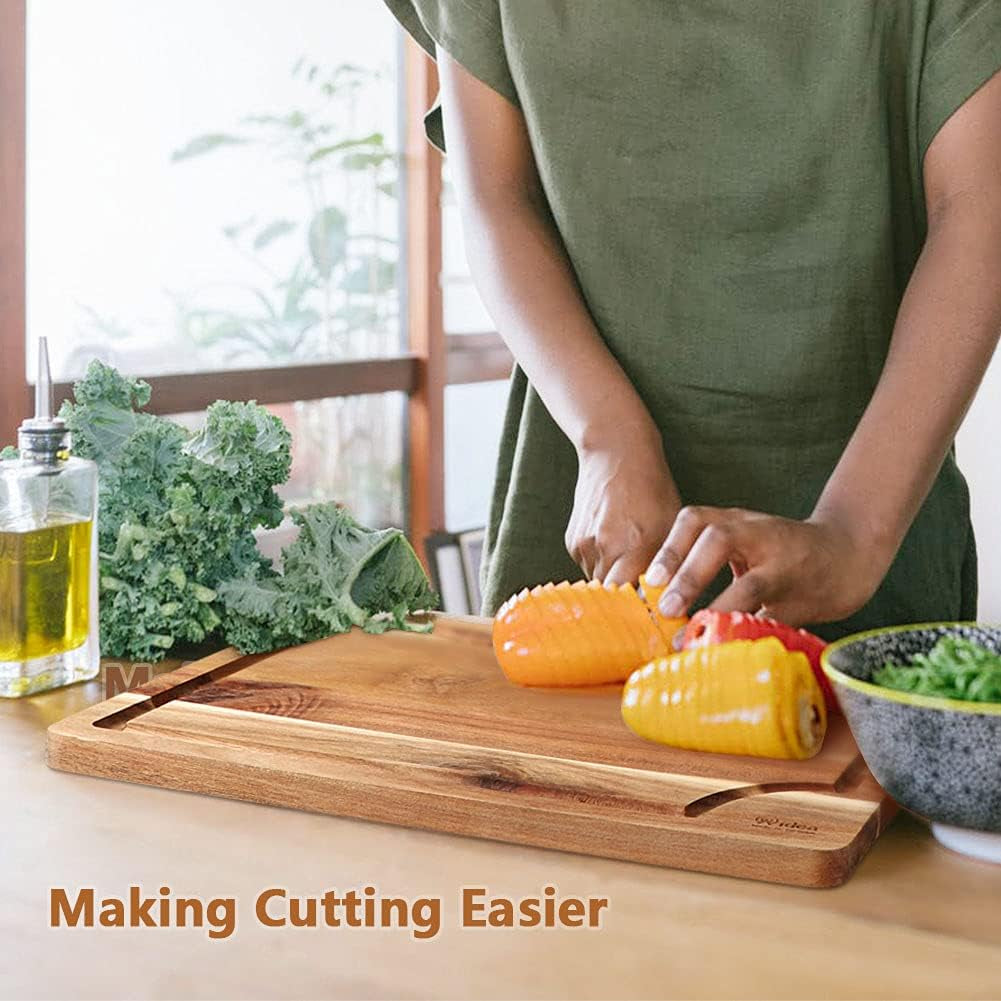 Acacia Wood Cutting Board Set with Juice Groove (3 Pieces), Organic Wooden Cutting Boards for Kitchen, Butcher Block Cutting Board for Meat, Vegetable, Wooden Chopping Board 15X10, 12X8, 9X6 Inch