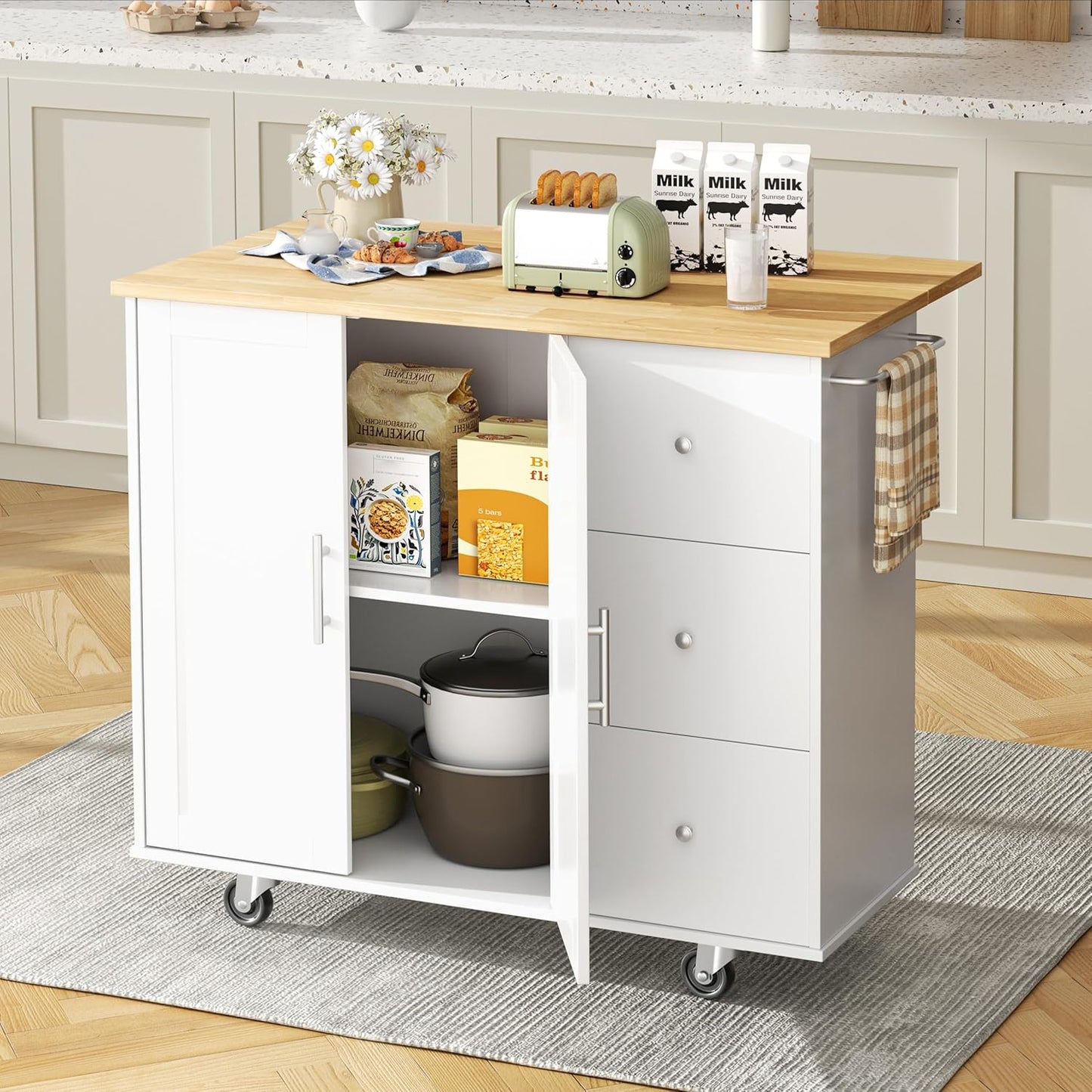 Kitchen Island with Folding Drop Leaf, Rolling Island Table with Storage, Kitchen Cabinet on Wheels with Seating Area for Kitchen, Bar Cart with Cabinet, White