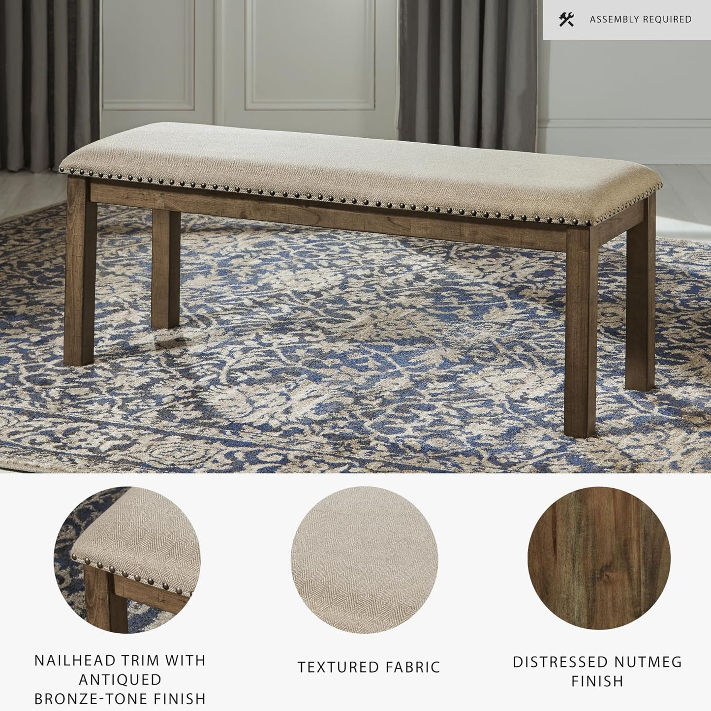 Moriville Casual Rustic Upholstered Dining Bench, Grey & Brown