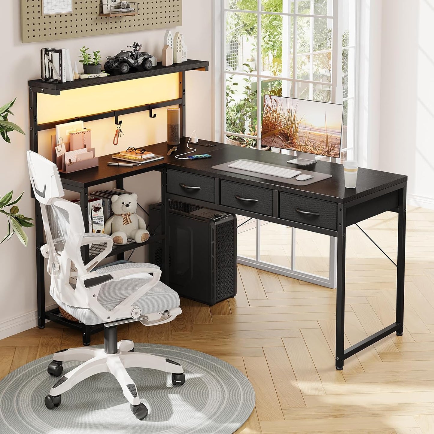 50 Inch L Shaped Gaming Desk with 3 Drawers & Storage Shelves & Hutch, Computer Desk with USB Ports, Study Writing Table for Bedroom, Simple Modern Laptop Desk for Home Office, Black