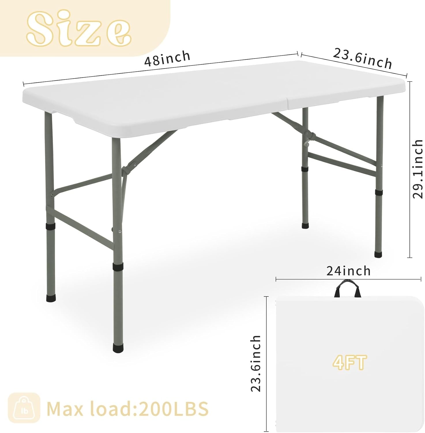 Folding Table 4FT Camping Table Portable Heavy Duty Plastic Rectangular Outdoor Dining Table Steel Legs Fold-In-Half with Carrying Handle for Indoor,Picnic,Party,Wedding,Events(White)
