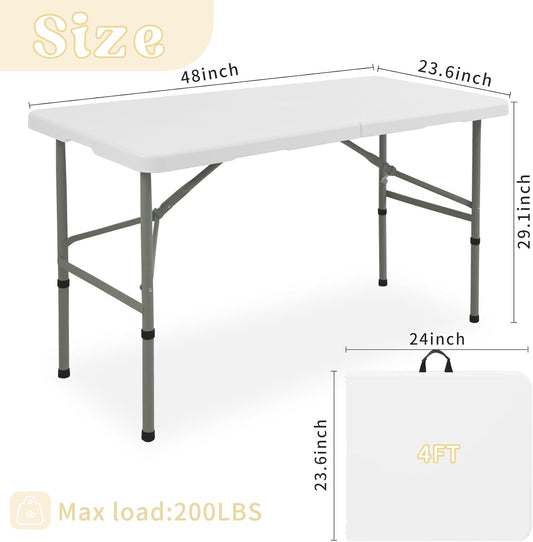 Folding Table 4FT Camping Table Portable Heavy Duty Plastic Rectangular Outdoor Dining Table Steel Legs Fold-In-Half with Carrying Handle for Indoor,Picnic,Party,Wedding,Events(White)