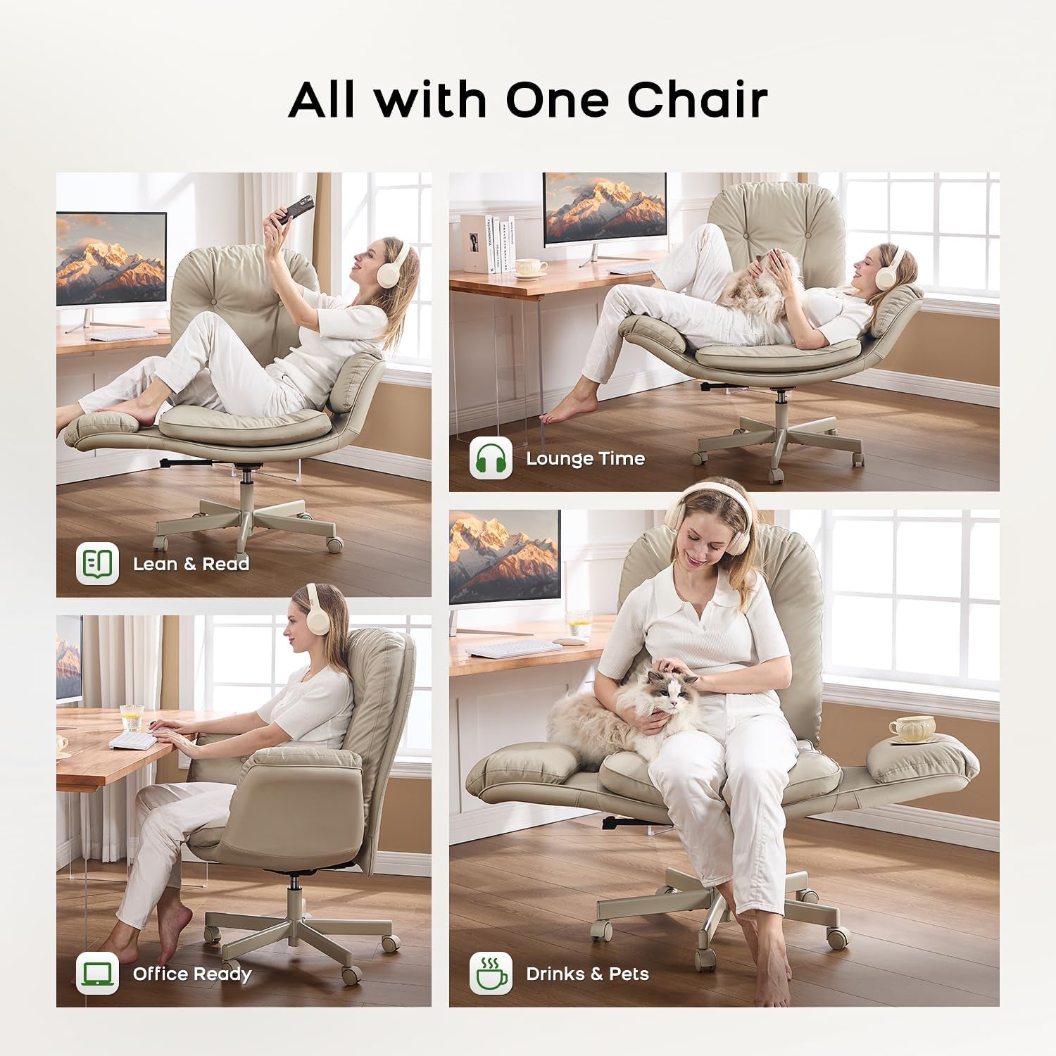 Criss Cross Chair with Armrests & Wheels for Cross-Legged Sitting ,Comfortable Adjustable Swivel Office Desk Chair –PU Leather Vanity Chair for Home, Makeup and Bedroom (Cream)