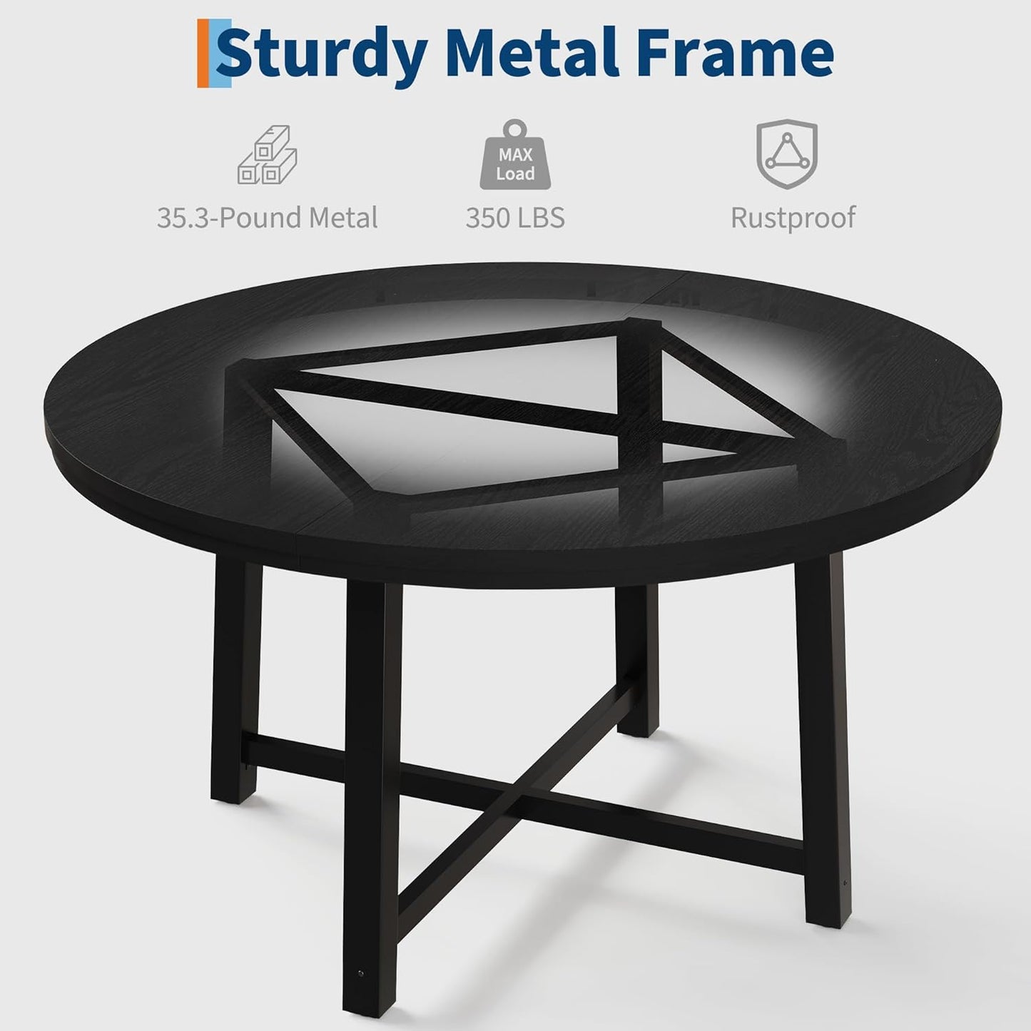 47" round Dining Table for 4, Kitchen Dining Room Table with Sturdy Metal Frame, Wood Circle Kitchen Table for Space Saving -Black