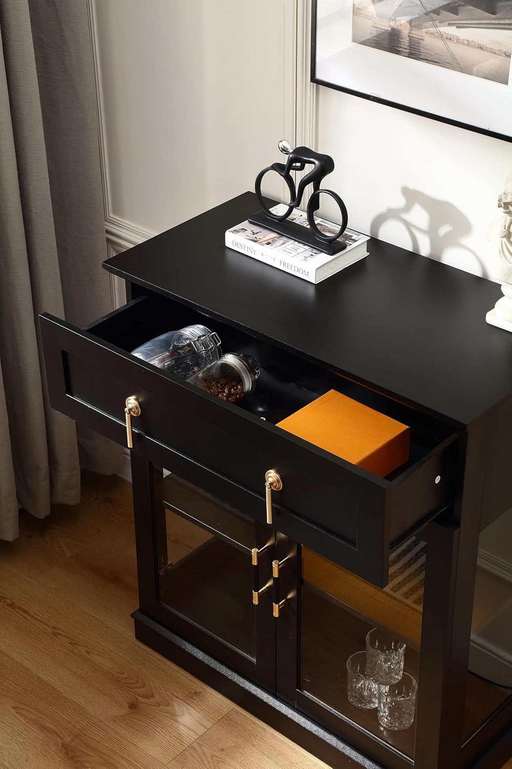 31.5'' Accent Small Buffet Cabinet with Storage, Buffet Sideboard with Two Glass Doors and a Drawer,Small Coffee Bar Cabinet with Adjustable Shelf,For Kitchen and Entryway,Black