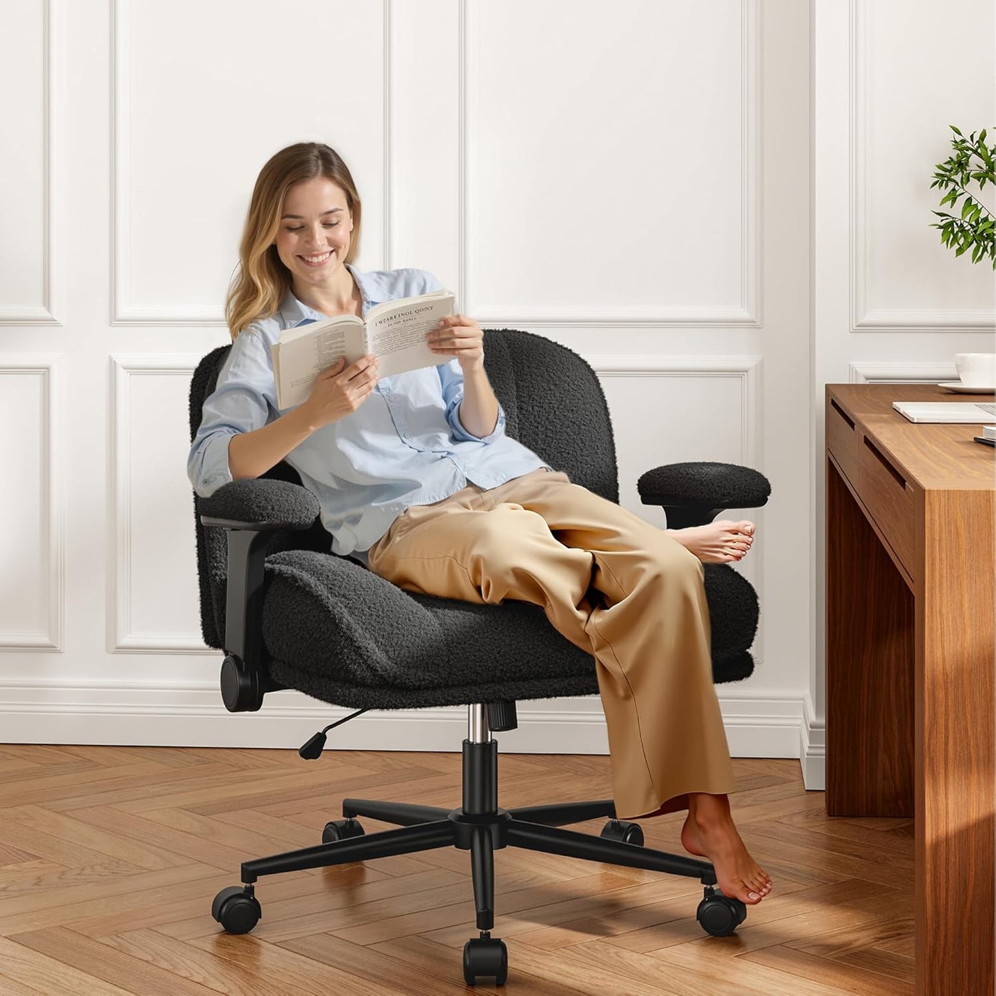 Cross Legged Office Chair with Flip-Up Arms, Wide Criss Cross Chair with Wheels & Extra-Deep Seat Thickened for Home Office, Vanity, Apartment Dorms,Plush Cushion,Cute,Comfy,Grey