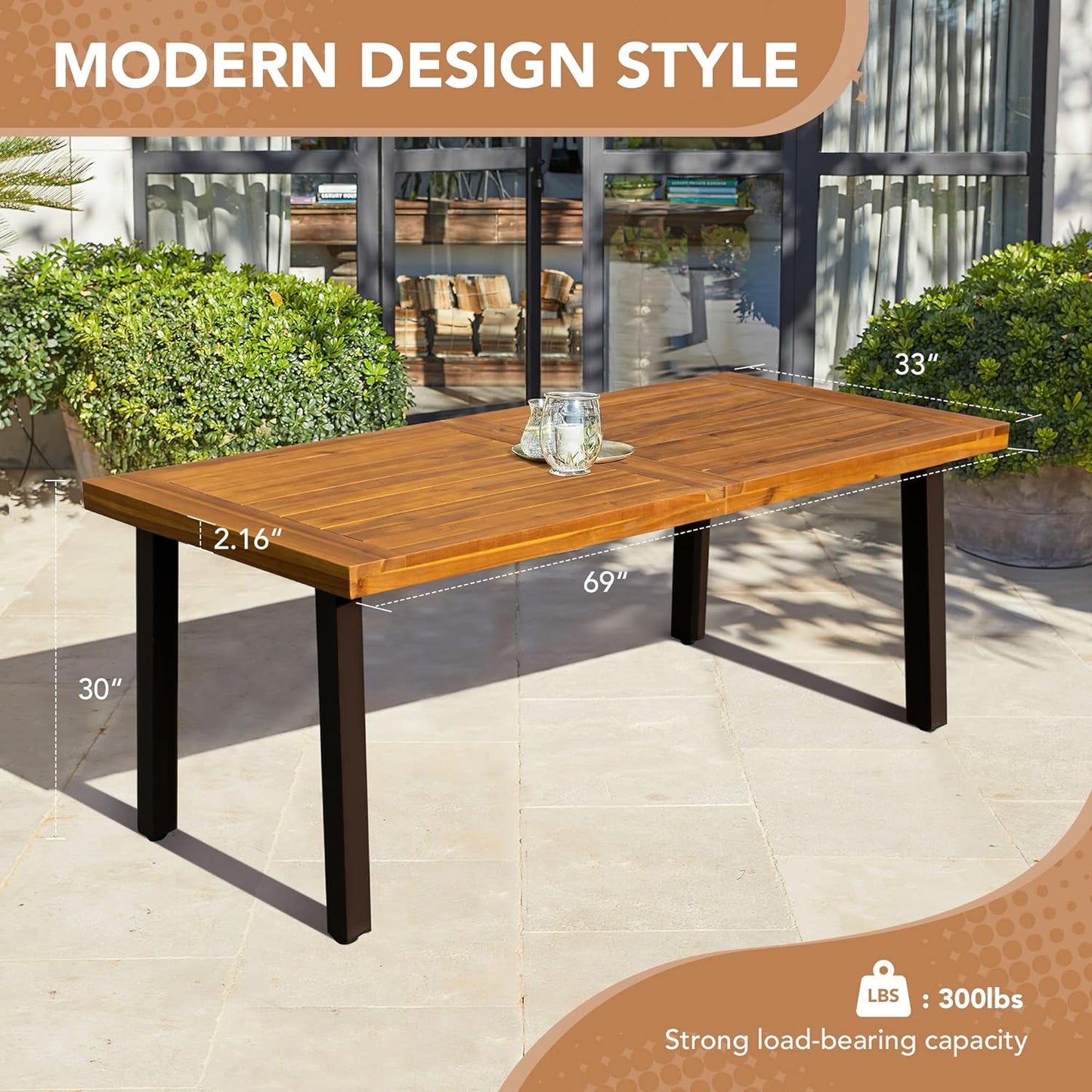 Home Acacia Wood Dining Table 6-Person Indoor Outdoor Table with Iron Legs, Sandblast Finish, Natural Stained, Rustic Metal, 69 * 33 * 30 Inch (Natural)