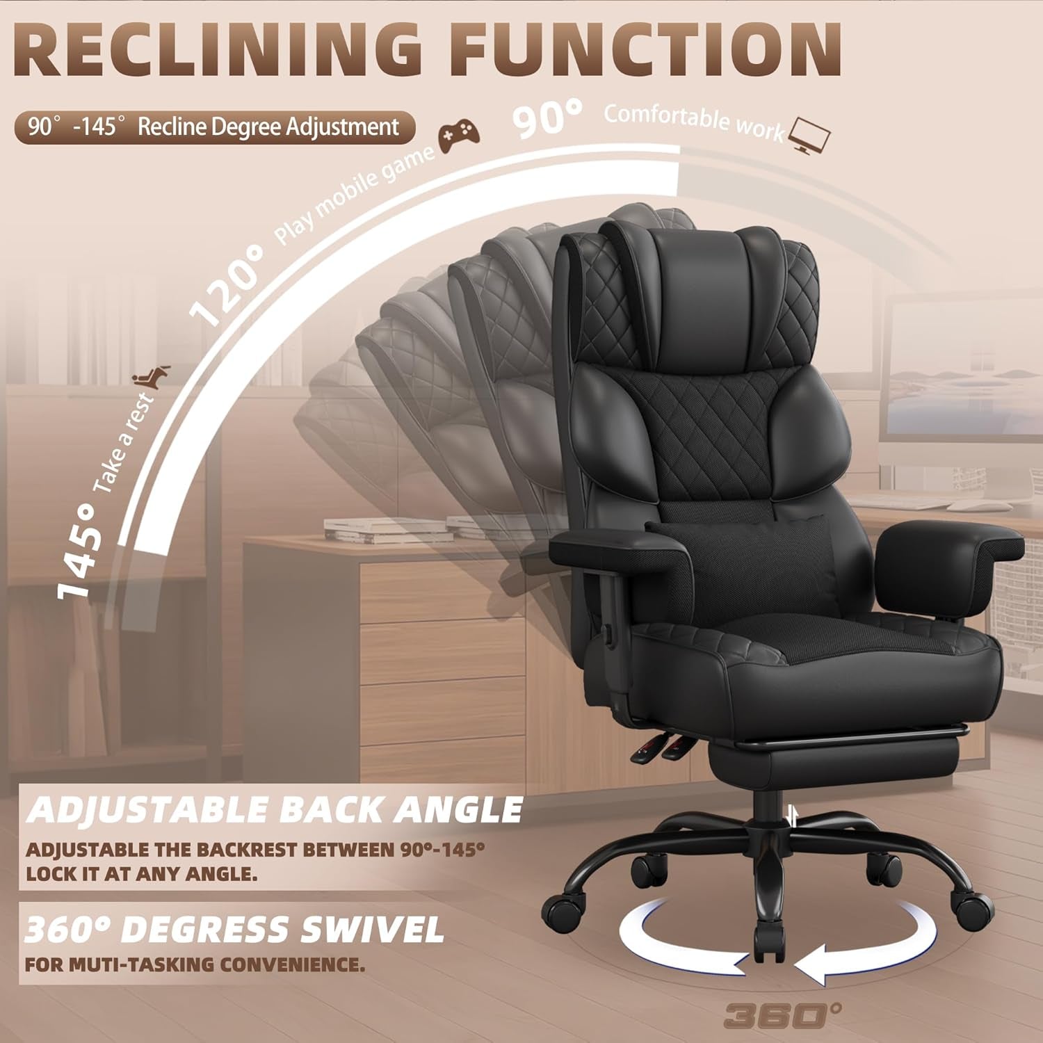 Big and Tall Office Chair, Computer Chair with Soft Adjustable Armrests, Ergonomic High Back Gaming Chair with Lumbar Support, Executive Chairs with Footrest (PU Leather + Mesh Fabric,Black)