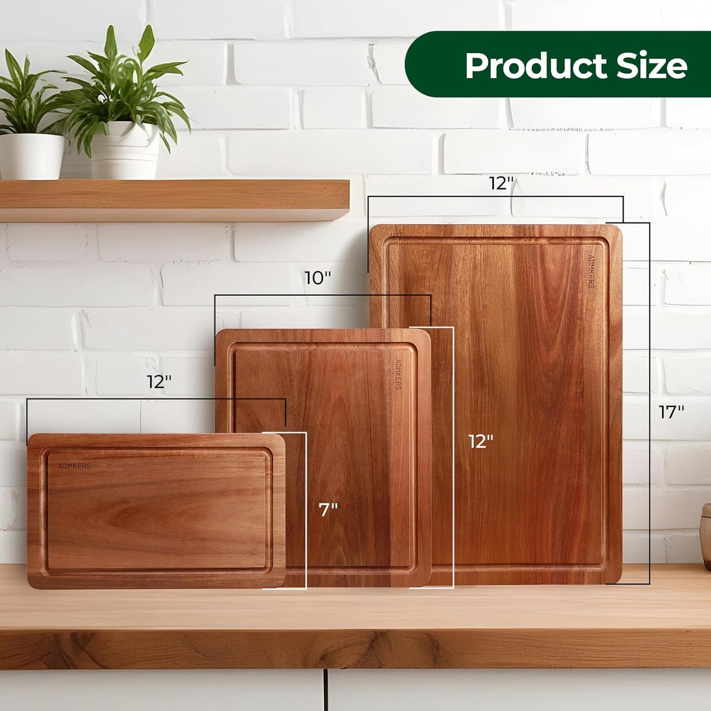 Acacia Wood Cutting Boards for Kitchen, Solid Wooden Cutting Board Set of 3, Charcuterie Board, Large Chopping Board for Meat, Cheese, Fruit, Vegetables (17X12, 12X10, 12X7 Inch)