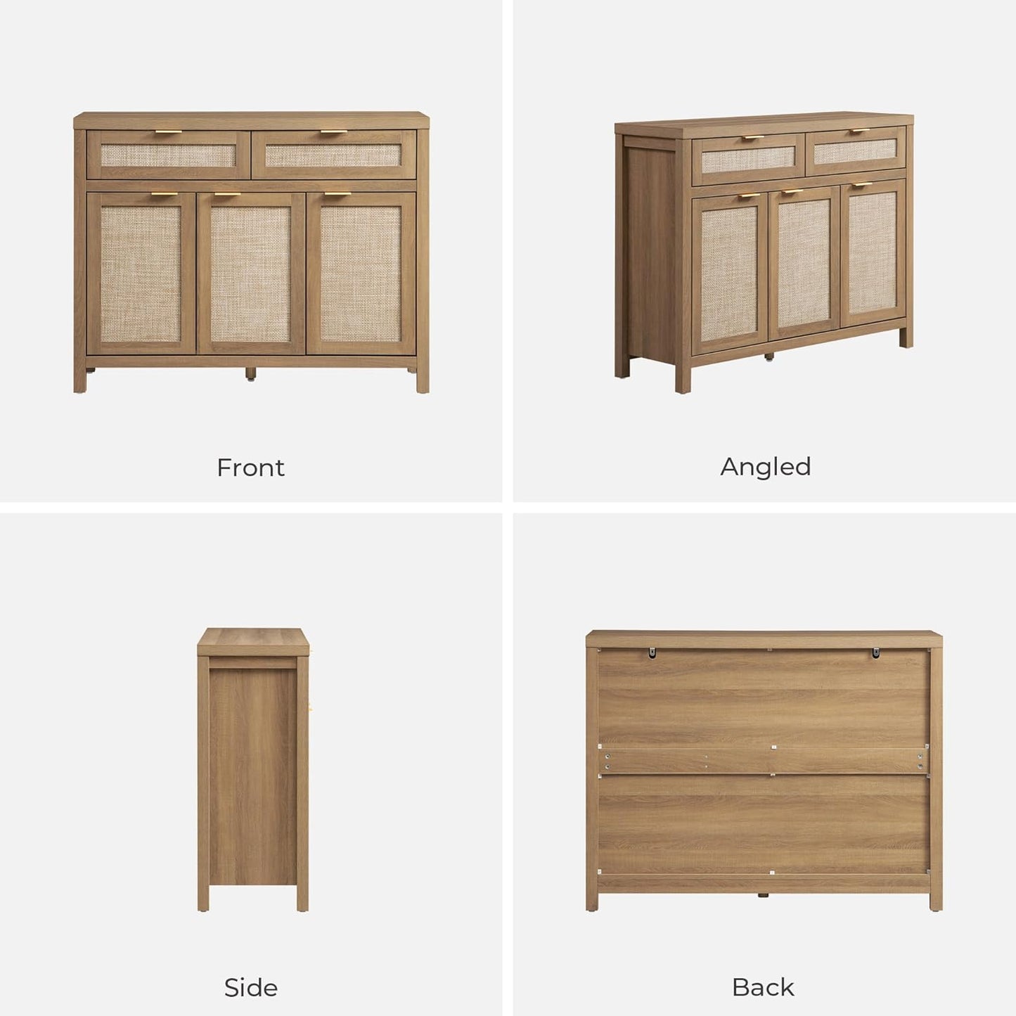 Rattan Sideboard Buffet Cabinet with Storage, Boho Credenza Accent Cabinet with 3 Doors and 2 Drawers, Farmhouse Console Coffee Bar for Kitchen, Living Room, and Entryway, Caramel Oak