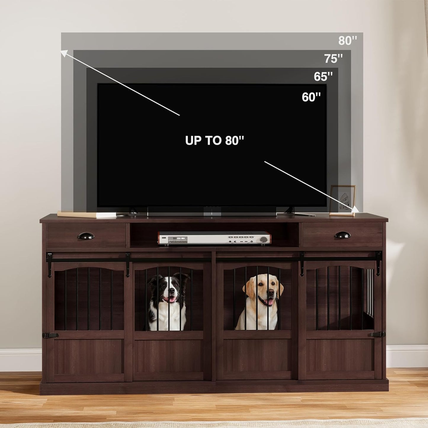70.86" Double Dog Crate Furniture with Storage for 2 Medium Large Dogs Farmhouse Wooden Dog Kennel Furniture with 2 Sliding Doors Divider & Power Outlets Decorative Dog Cage TV Stand Brown