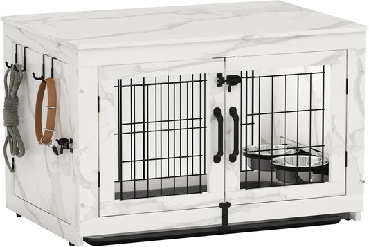 Wooden Dog Crate Furniture with 360°Rotatable Removable Dog Bowls, Dog Crate End Table with Tray, Double Doors Dog Kennels for Dogs(Xl:43.2" L*28.6" W*30.3" H, Marble White)