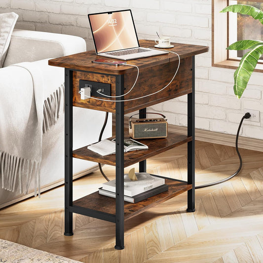 End Table with Charging Station, Flip Top Side Table with USB Ports and Outlets, 3-Tier Small Side Table with Storage for Small Space, End Tables for Living Room/Bedroom, Brown