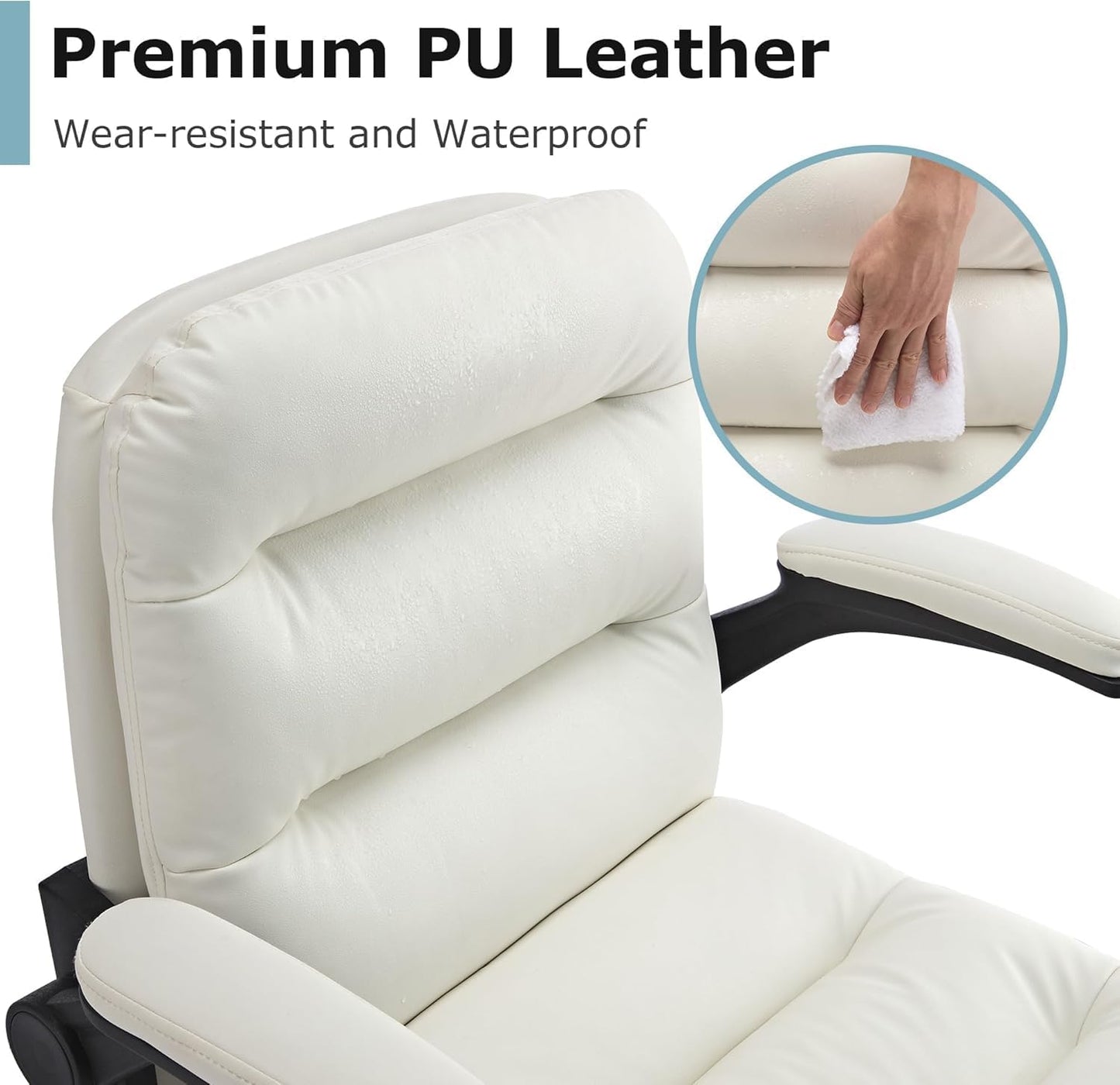 Ergonomic Swivel Office Desk Chair with Flip-Up Armrest and Adjustable Height, Lumbar Support & PU Leather Thickened Cushion, for Computer Task Work, White