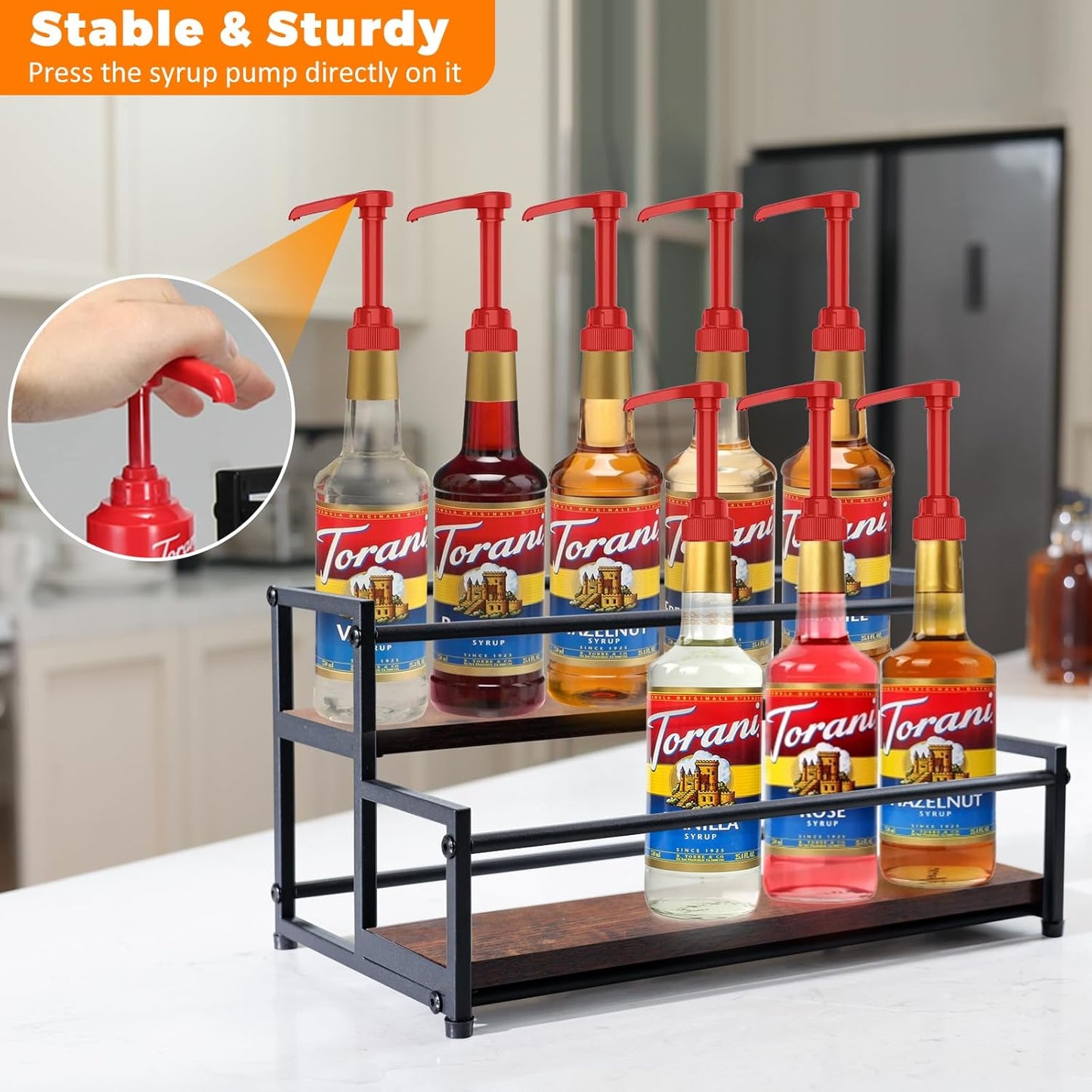 Coffee Syrup Rack Organizer - 2-Tier 10 Syrup Bottles Holder for Coffee Bar, Liquor Bottle Display Shelf - Rustic Kitchen Cabinet for Spices, Jars - Stepped Pantry Shelf for Syrup, Wine, Tea & Coffee