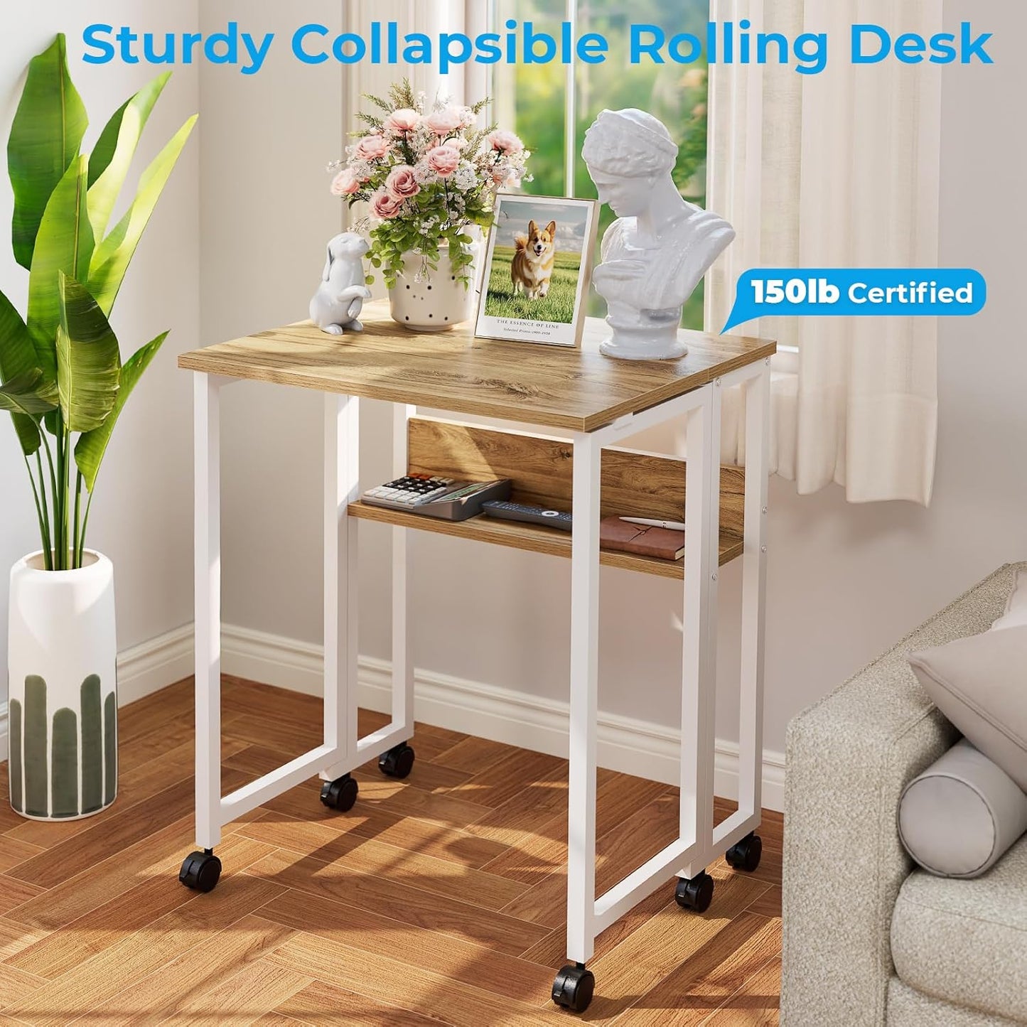 Folding Desk Small Rolling Desk with Storage Shelf,24.8 Inch Foldable Computer Desk with Wheels for Small Space,Easy Assembly,Oak