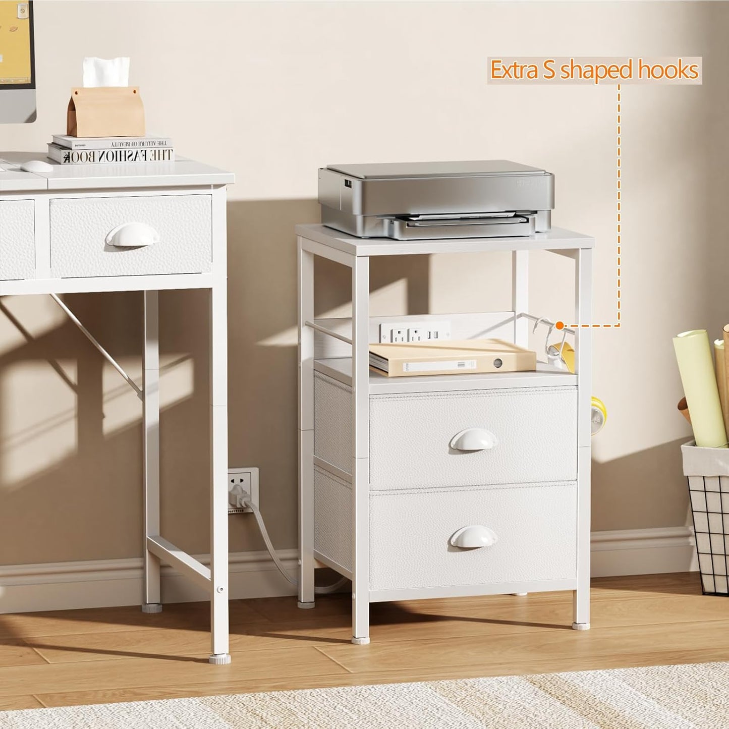 End Table with Charging Station, Nightstand with Fabric Drawers, Side Tables with USB Ports & Outlets, Night Stand with Storage Shelf & Hooks, for Living Room/Bedroom, White