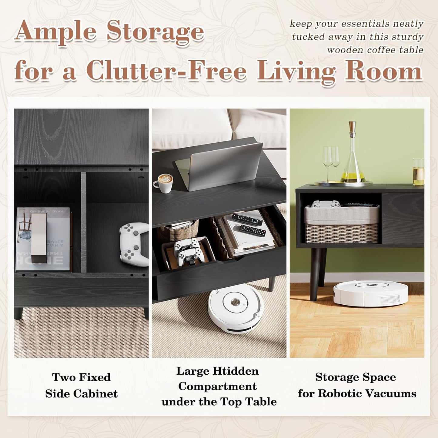 Wood Lift Top Coffee Table with Hidden Compartment and Large Storage Shelf, Lift Tabletop Dining Center Table for Home Living Room Office, Black