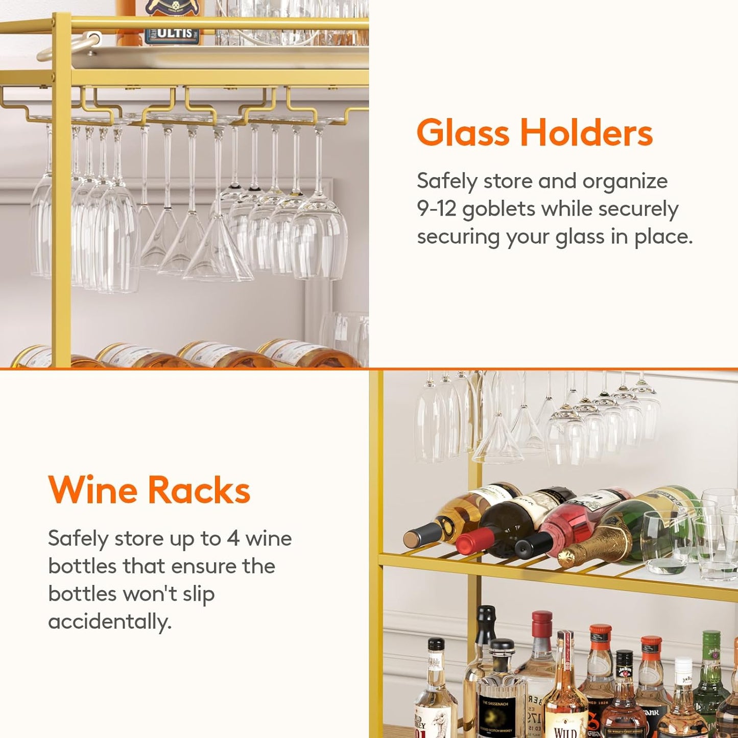 Bar Cart Gold, 3 Tier Wine Rolling Cart with Lockable Wheels, 12 Glass Holders and 4 Wine Rack, Home Serving Drink Liquor Cart for Kitchen Dining Living Room, 31.6" X 13.1" X 33.9", Gold