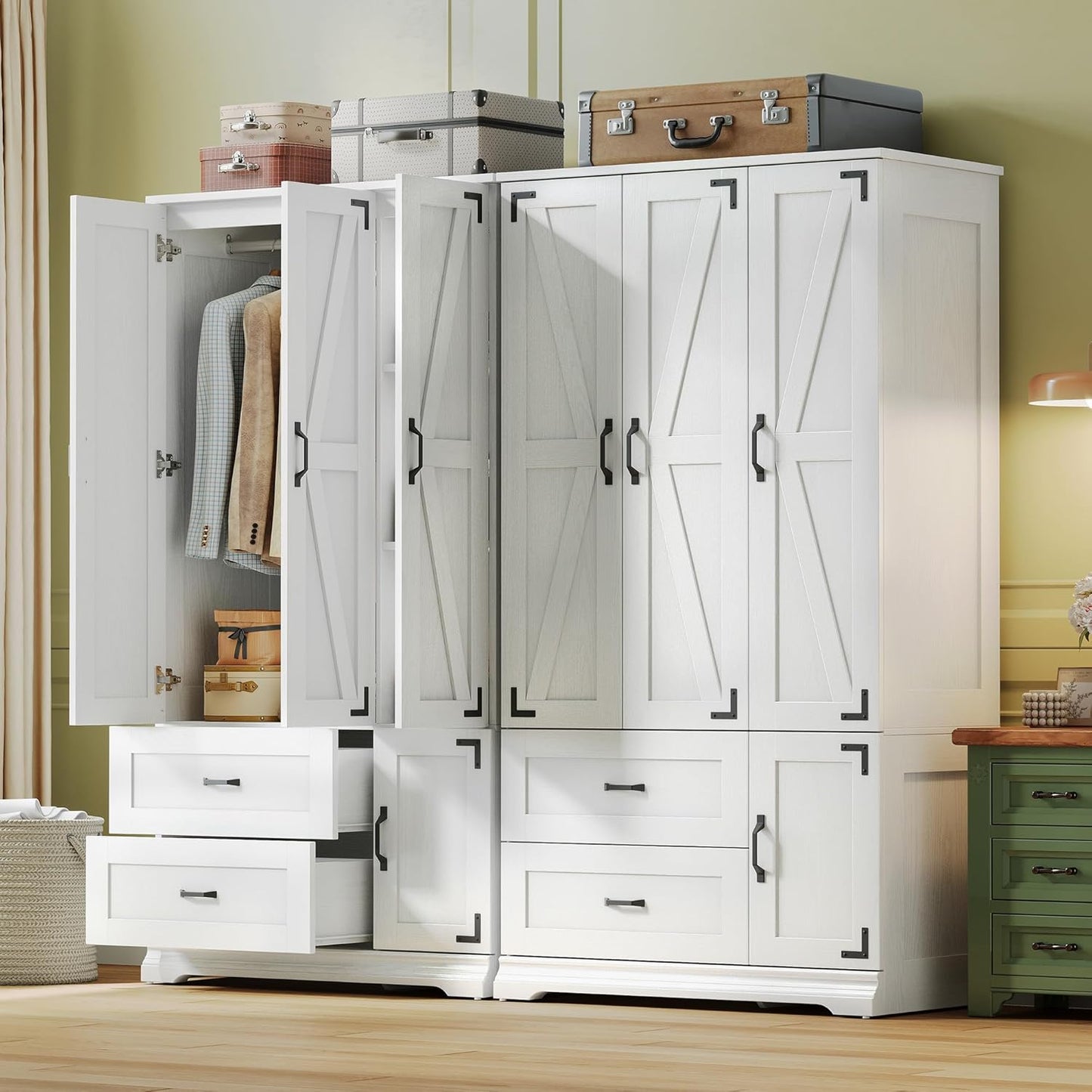 Armoire Wardrobe Closet 71" H, Bedroom Wooden Wardrobe with 4 Doors and 2 Drawers, Farmhouse Clothing Storage Cabinet Combination with Hanging Rod, Shelves, and Hooks, White