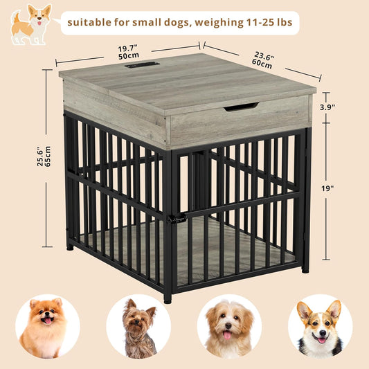 Dog Crate Furniture for Small Dogs, Wooden Dog Kennel with Flip Top Drawer, Indoor Pet Crate End Table with Charging Station, Steel-Tube Dog Cage, Gray
