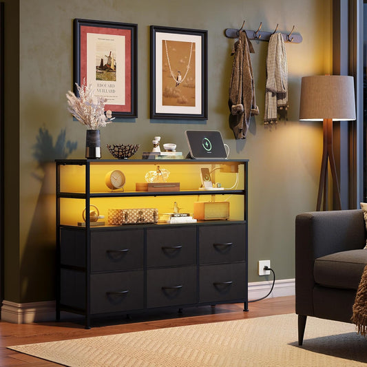 Black TV Stand for 40, 45 Inch TV, Entertainment Center with LED Lights & Charging Station, TV Media Console Table with 6 Fabric Drawers and Open Shelves for Living Room, Hallway, Wood Top
