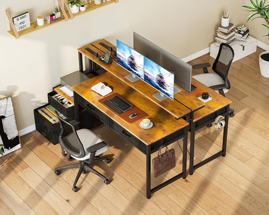Computer Desk with 4 Drawers, 55 Inch Office Desk with Printer Shelf & Built-In Power Outlet, Work Desk with Monitor Shelf for Home Small Spaces, Rustic Brown