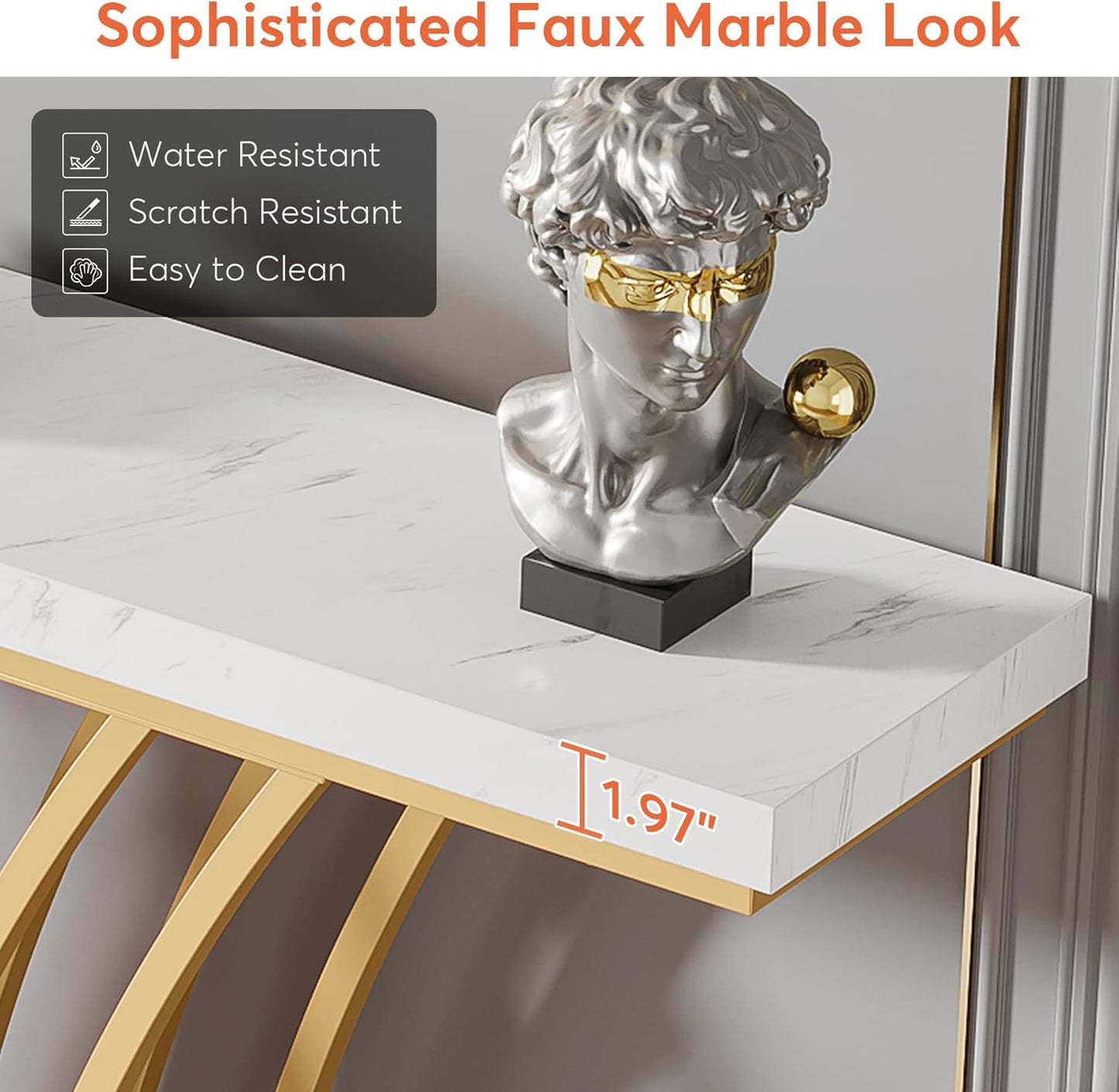 59 Inch Gold Console Table, Modern Entryway Table with Grid-Shaped Metal Base for Entrance, Hallway, Entryway, Living Room(White Faux Marble & Gold)