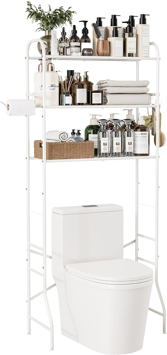 Over the Toilet Storage Rack, 3-Tier Metal Bathroom Organizer with Hooks, over the Toilet Storage Cabinet, Space Saver Shelf for Bathroom, White, 23.6" X 13.0" X 63.4"