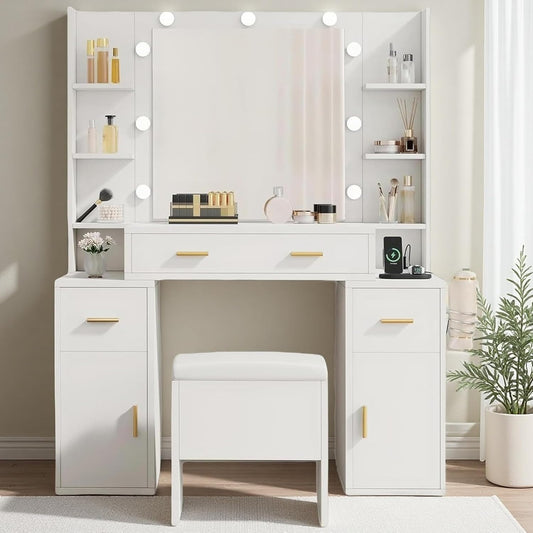 Vanity Desk with Large Mirror and LED Lights, Makeup Vanity Table Set with Power Outlets, Comfy Stool & Storage Drawers, Shelves and Cabinets, 3 Lighting Modes Makeup Table, Dressing Room, White