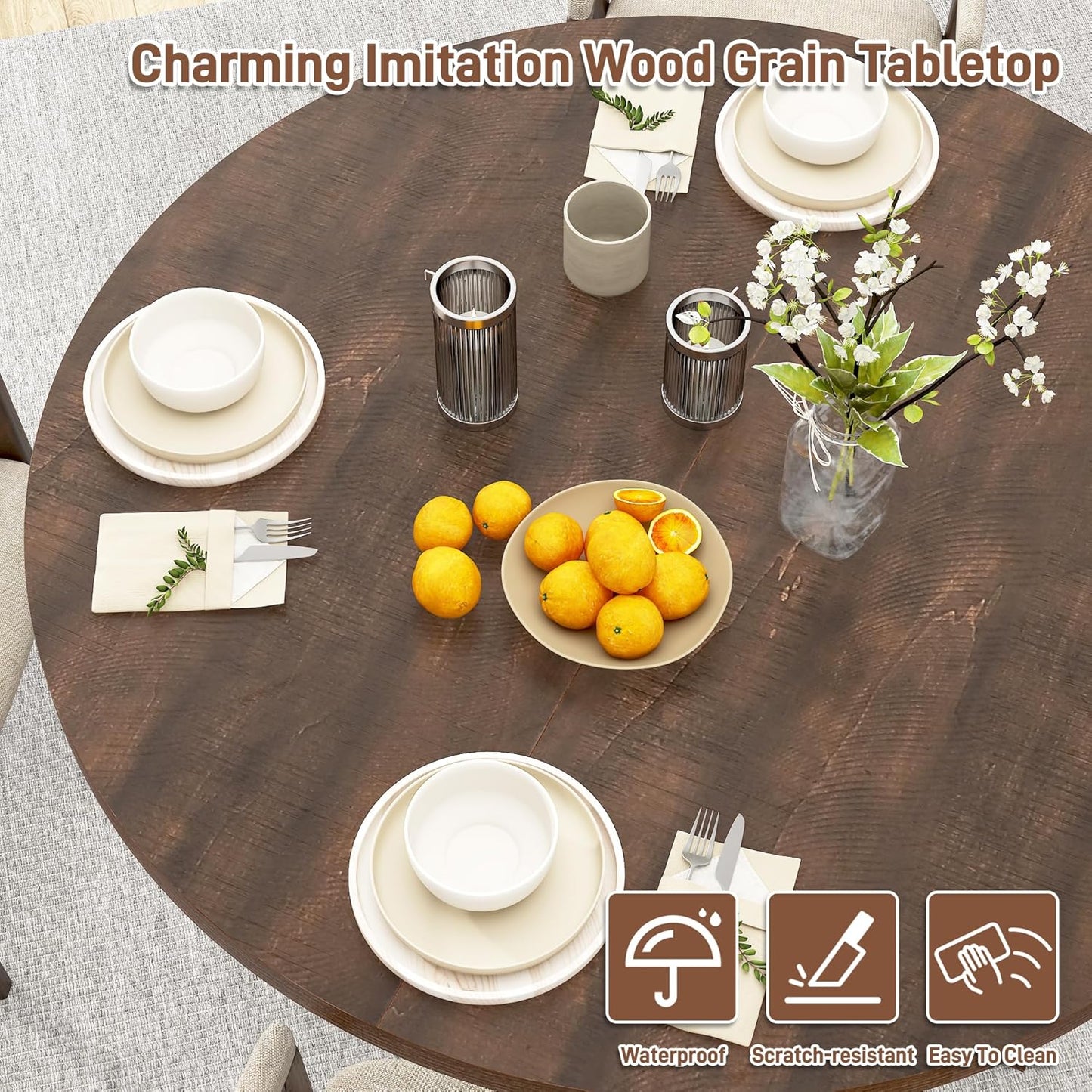 Round Wood Dining Table for Kitchen,Dining Room,Living Room,Farmhouse Dinner Tables W/Thickened Brown Waterproof Tabletop for 4 People,47 Inch Rustic Kitchen Table W/Metal Support