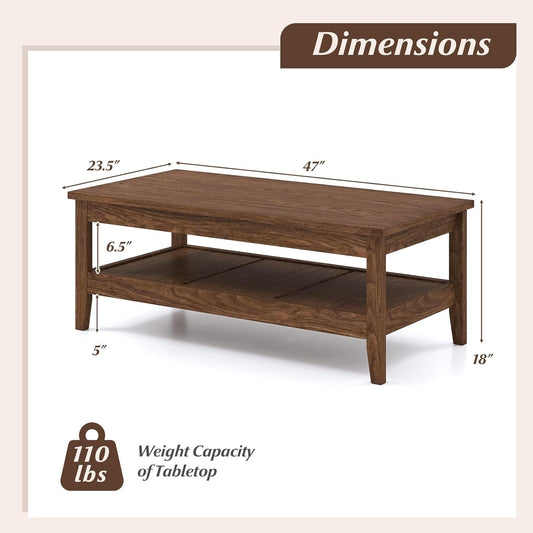 Mid Century Modern Coffee Table, 2-Tier Rectangle Wood Center Table with Slatted Storage Shelf, Vintage Living Room Table for Reception, Walnut