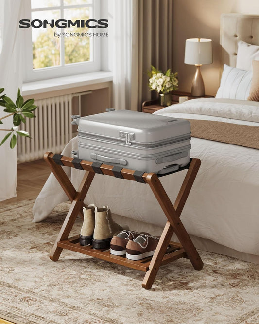 Solid Wood Luggage Rack, No Assembly Required, Foldable Suitcase Stand, Luggage Holder, with Storage Shelf, for Guest Room, Hotel, Bedroom, Coffee Brown URLR020K02