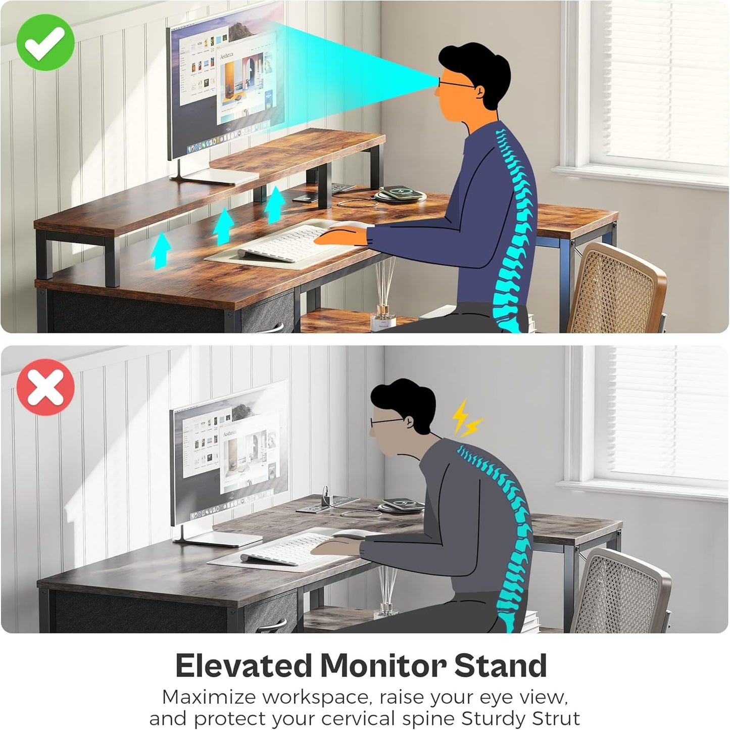 47 Inch Reversible L Shaped Desk with LED Lights & Power Outlets, Computer Desk with Shelves & Monitor Stand, Gaming Desk with Drawer, Home Office Desk Corner Desk, Grey